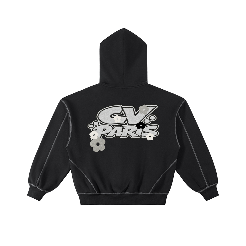 CV | Flower/Noir | Contrast-Stitched Boxy Zip up